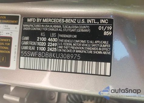 2019 Mercedes-Benz C 300 z USA, uszkodzony, nr VIN 55SWF8DB8KU308975